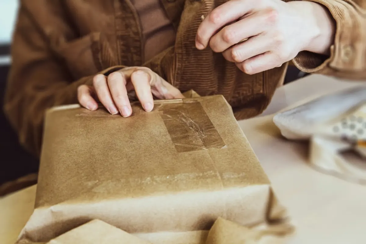 Hands taping shut a parcel wrapped in brown paper, ready to ship