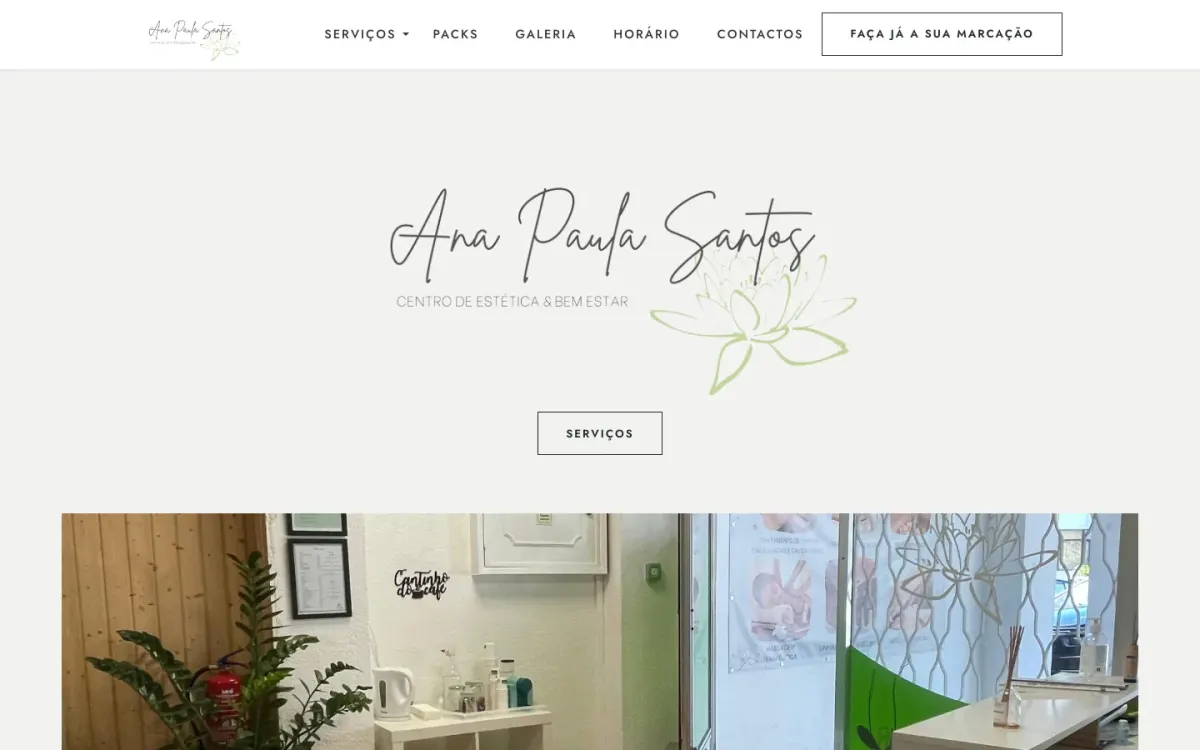 Ana Paula Santos homepage with treatment categories and a button to book an appointment