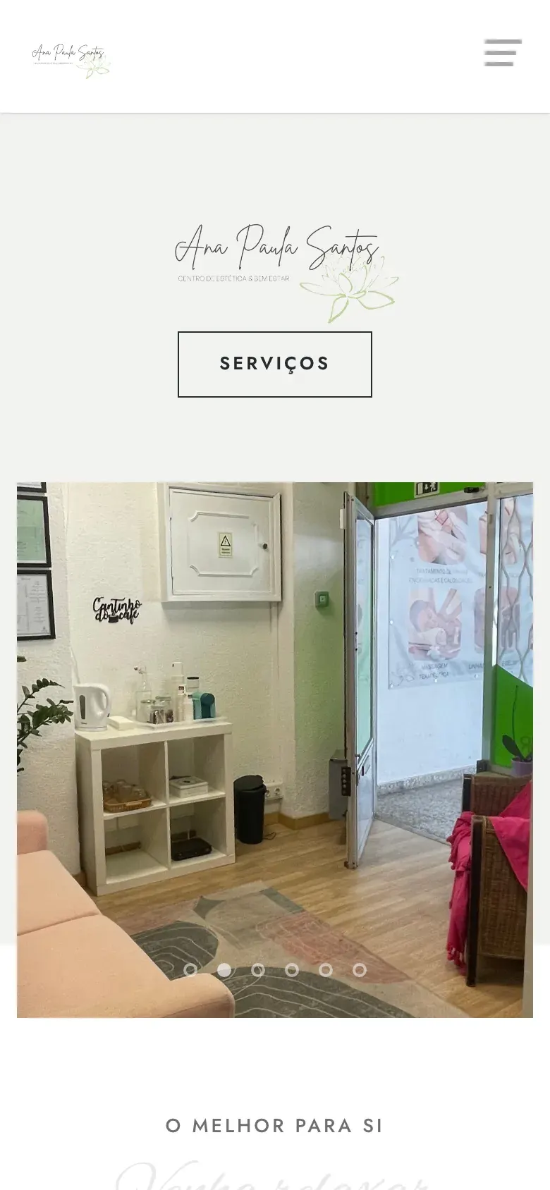 Ana Paula Santos homepage with treatment categories and a button to book an appointment, on a phone