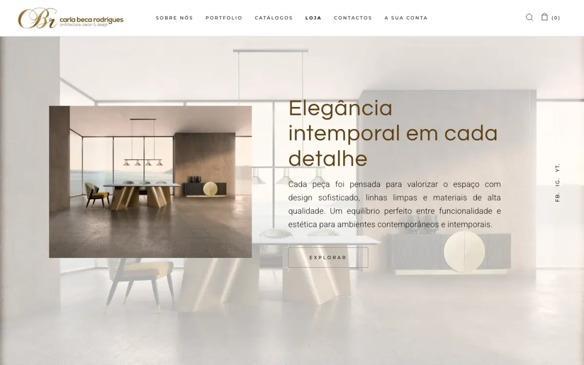 Carla Beça Rodrigues homepage with a dining room interior and the headline "Elegância intemporal em cada detalhe"