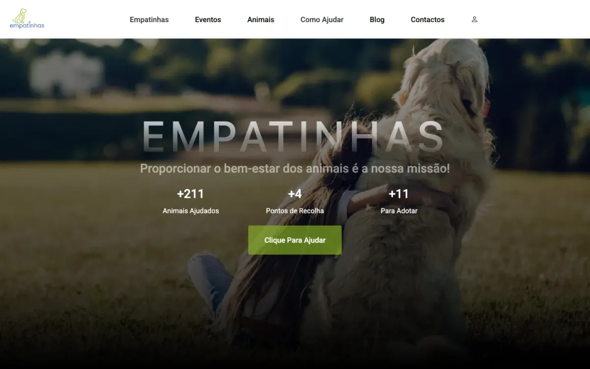 Empatinhas homepage introducing the association's mission with a photograph of a rescued dog