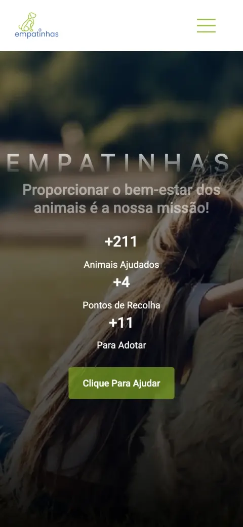 Empatinhas homepage introducing the association's mission with a photograph of a rescued dog (mobile)