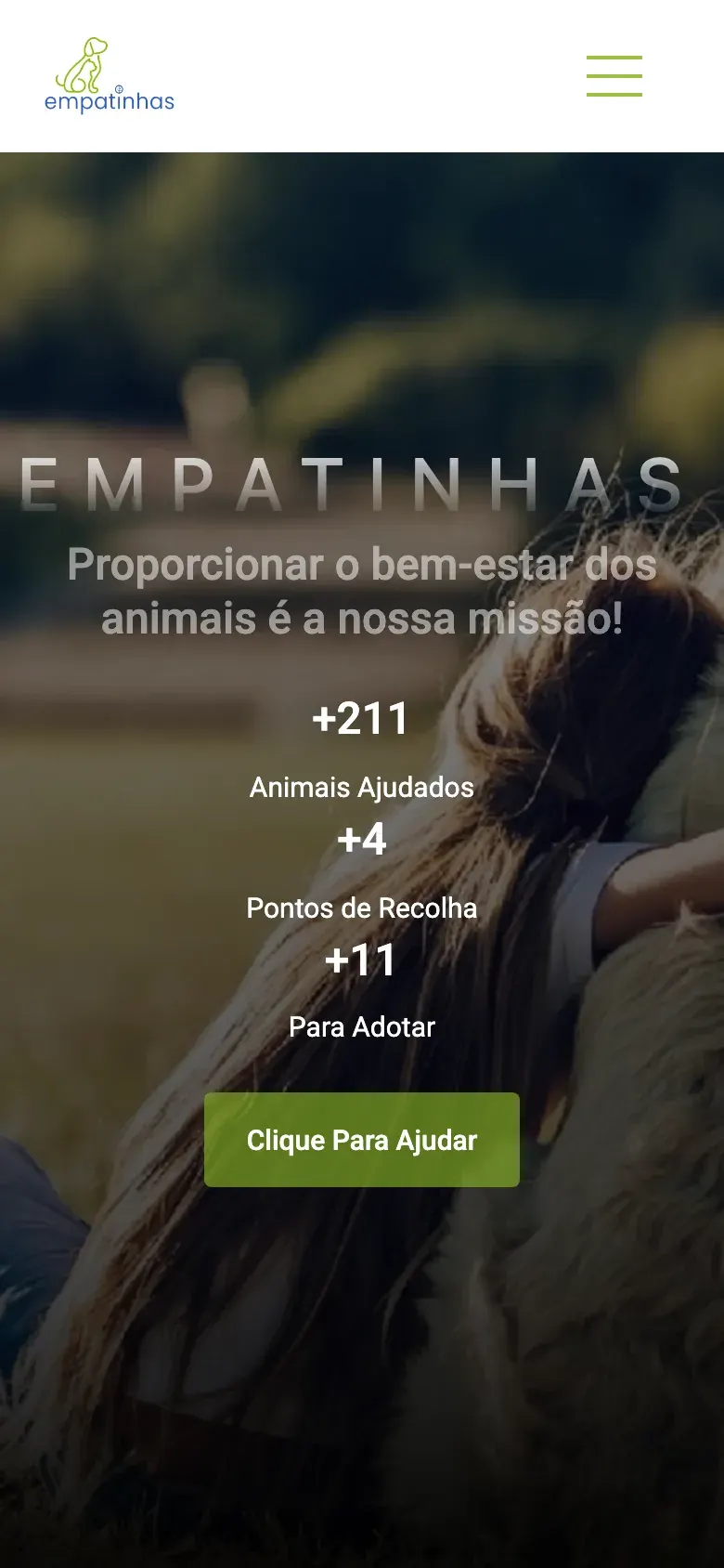Empatinhas homepage introducing the association's mission with a photograph of a rescued dog, on a phone