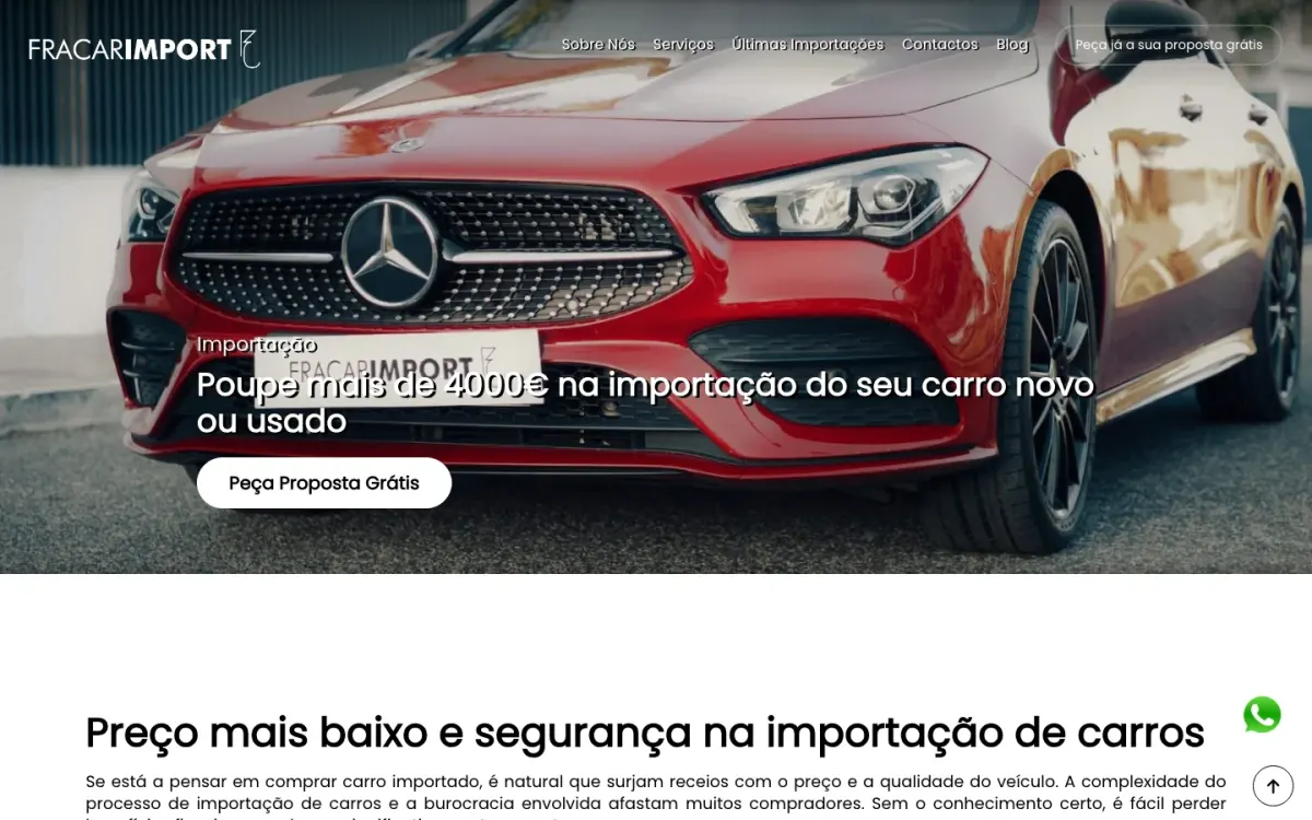 FraCar Import homepage with a car photograph and a call to request a free import quote