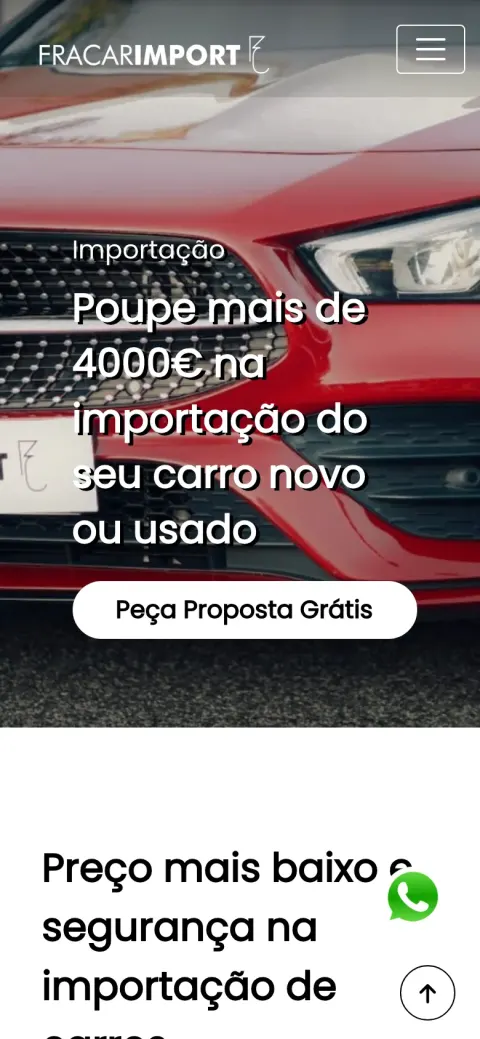 FraCar Import homepage with a car photograph and a call to request a free import quote (mobile)