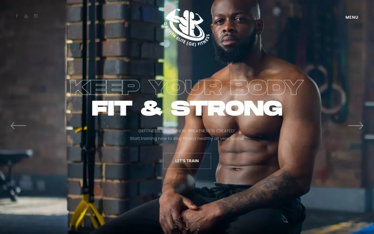 GE Fitness homepage with a hero slider and navigation for member login, programmes and contact
