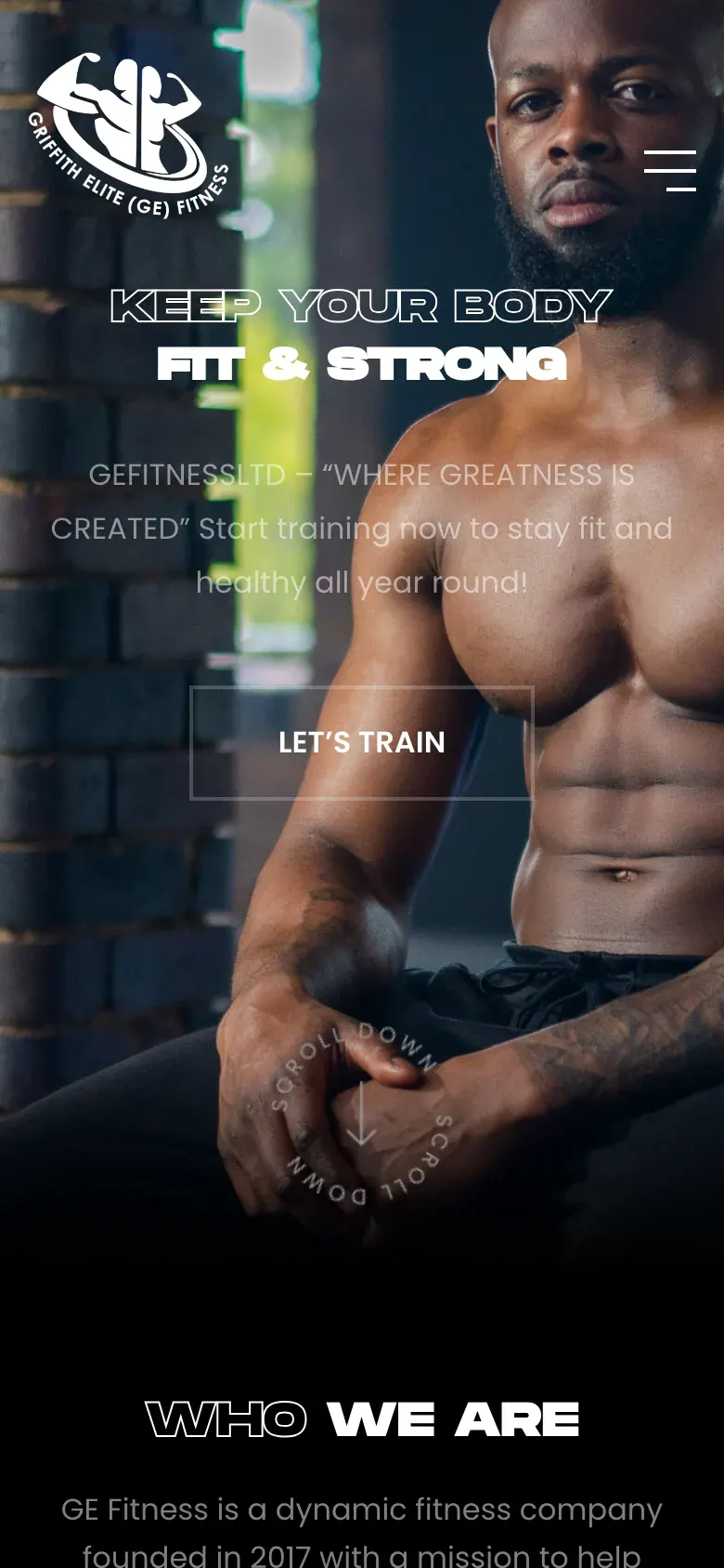 GE Fitness homepage with a hero slider and navigation for member login, programmes and contact, on a phone